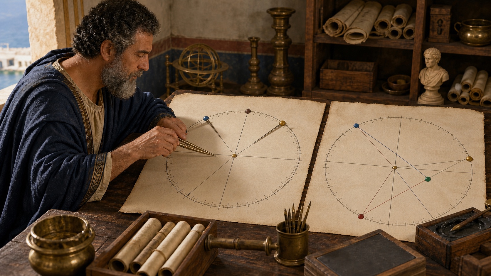Historical editorial reconstruction of a late-antique scholar comparing one circular diagram with a target between its nearest planetary bodies and another diagram with enclosing and intervening rays.