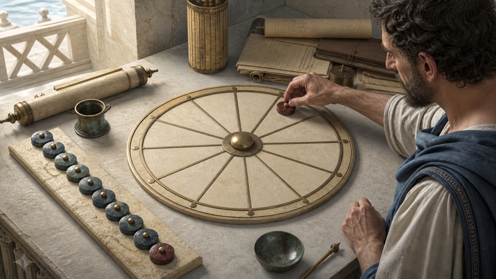 Historical reconstruction of a scholar advancing one marker around a wheel divided into twelve equal places.