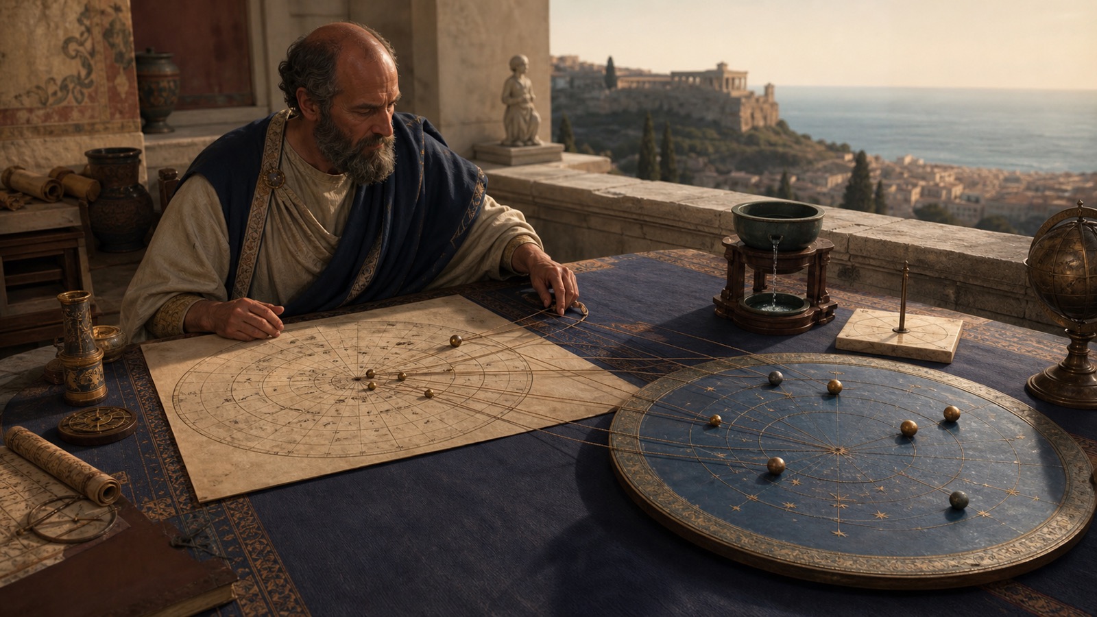 Historical reconstruction of a scholar comparing a fixed natal diagram with a separate seven-planet sky observation at one measured moment.