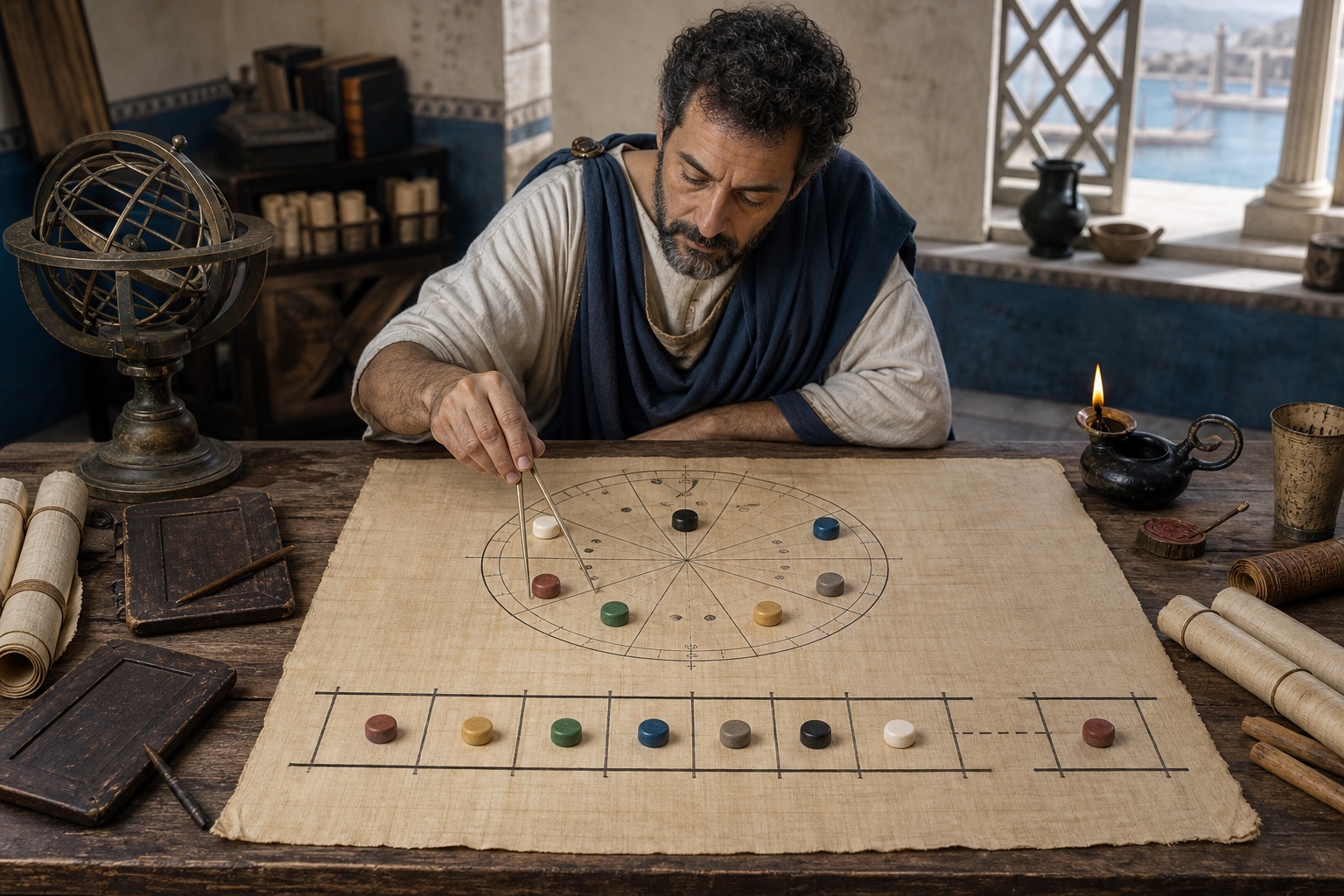 Historical editorial reconstruction of a late-antique scholar tracing seven planetary counters from a natal diagram into unequal chronological subdivisions.