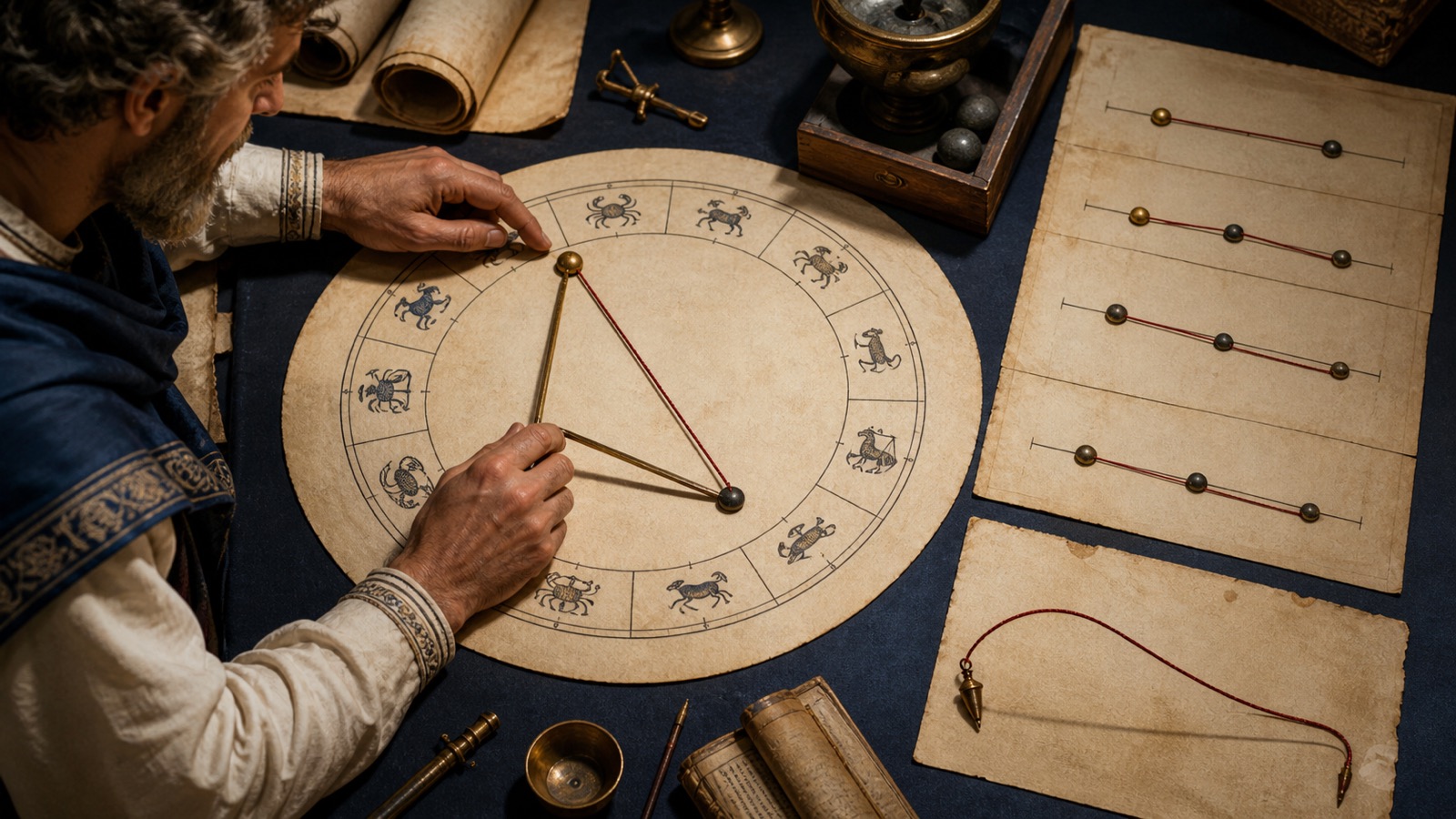Historical reconstruction of a scholar using dividers and measured marker sequences to audit exact aspect geometry and relative motion.