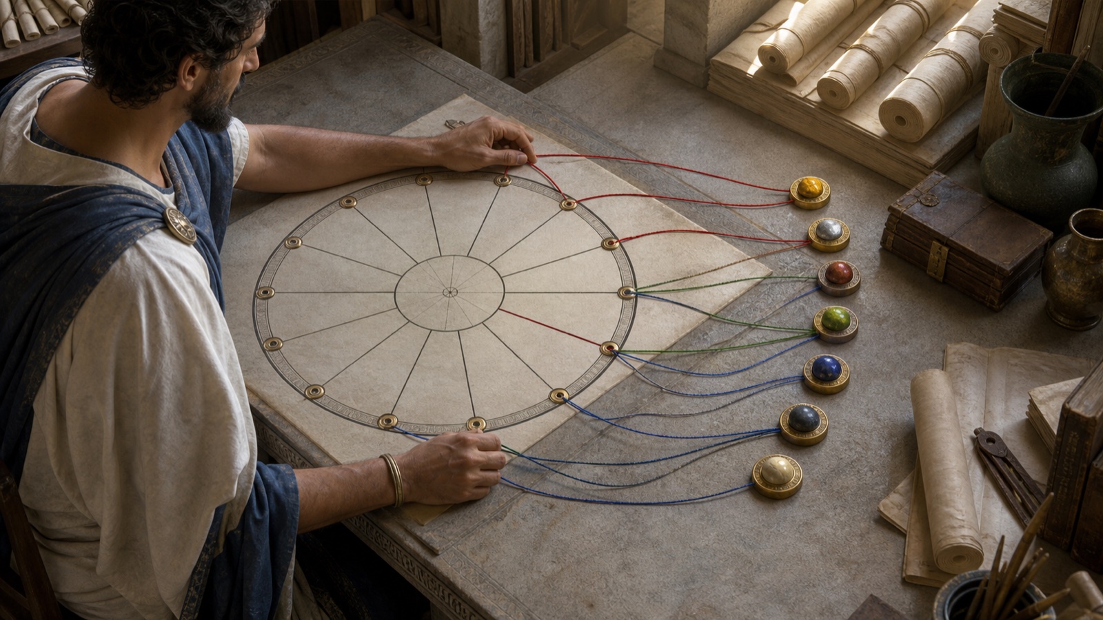 Historical reconstruction of a scholar tracing a twelve-place diagram toward seven distinct planetary counters.