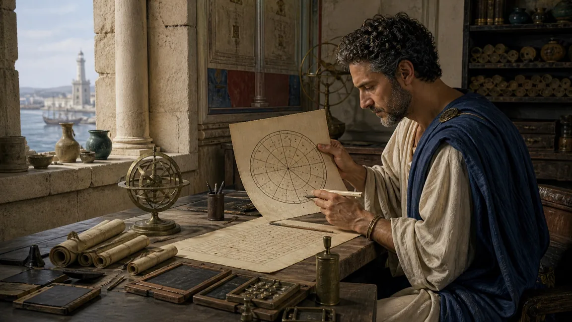 A historically grounded reconstruction of a Hellenistic astrologer comparing observational notes with a twelve-part zodiacal diagram.