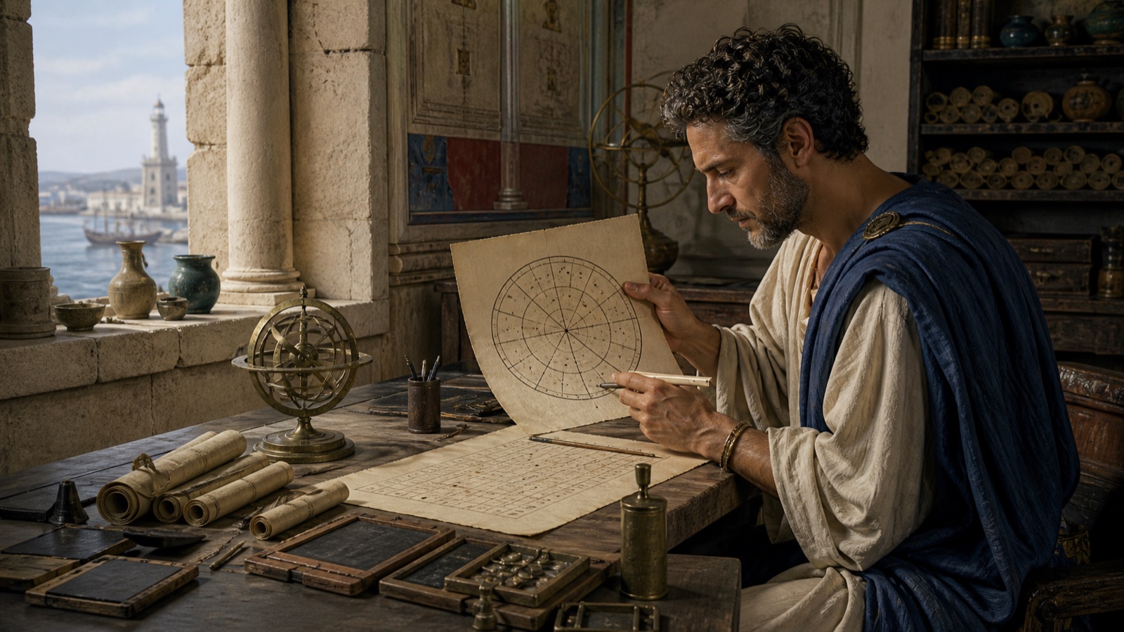 Historical reconstruction of an Alexandrian scholar examining a circular chart divided into twelve places.