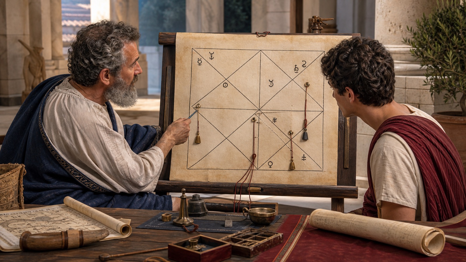 Historical reconstruction of an adult teacher and student reading a natal chart through a deliberate sequence of traditional evidence.