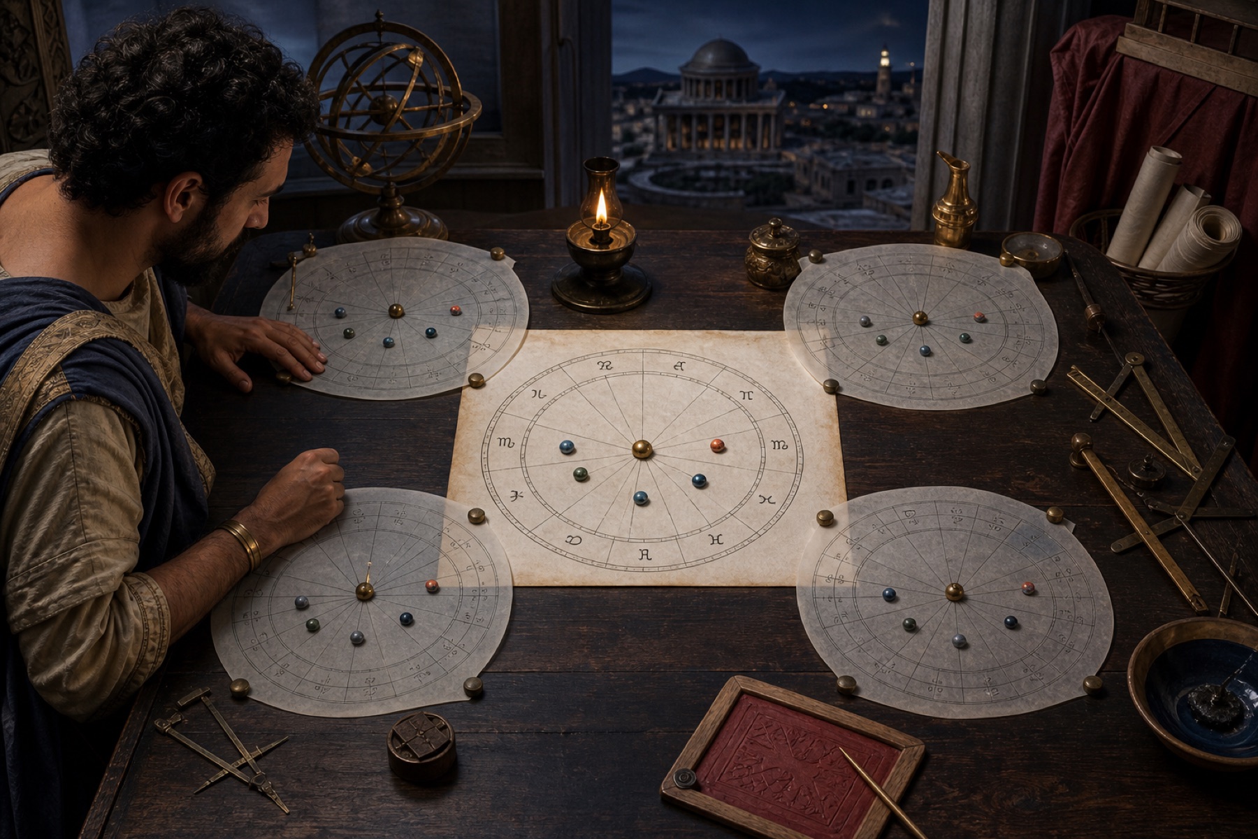 Historical editorial reconstruction of an Alexandrian astrologer comparing one central zodiac chart with several separate translucent house-division overlays.