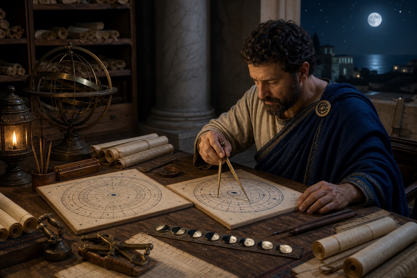 Historical editorial reconstruction of a late-antique astrologer measuring two separate natal and lunar-return diagrams beside a sequence of observed lunar phases.
