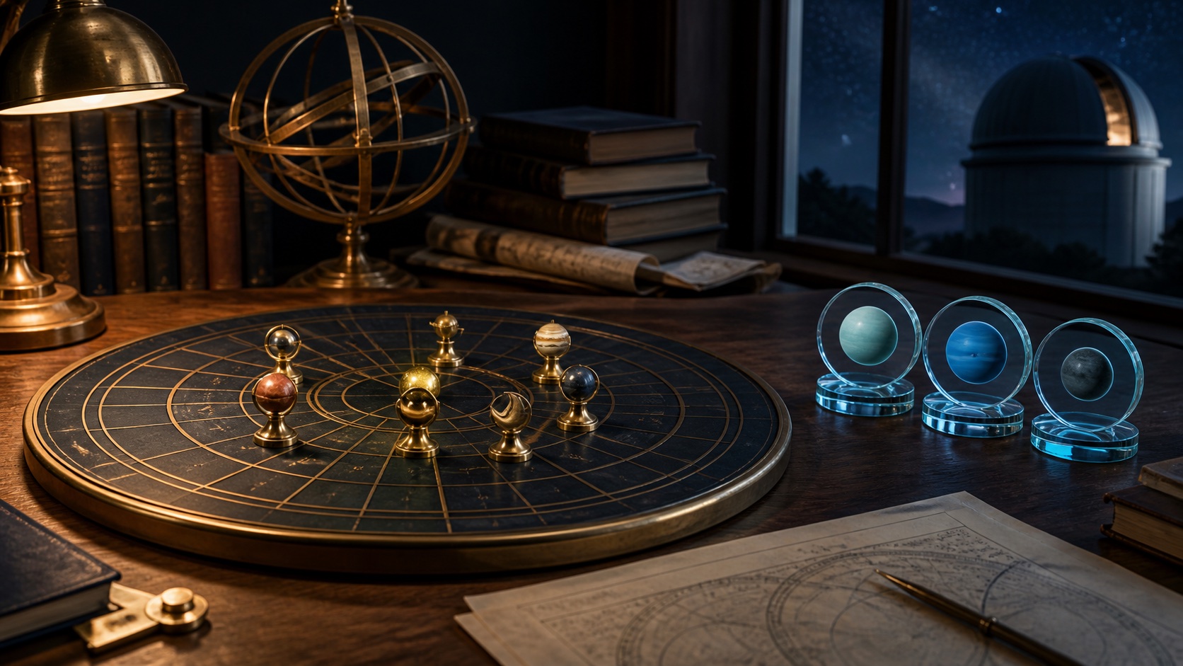 A modern scholarly observatory table with seven traditional planetary tokens grouped on one central study board and three cool-toned outer-planet observation discs clearly separated to the side.