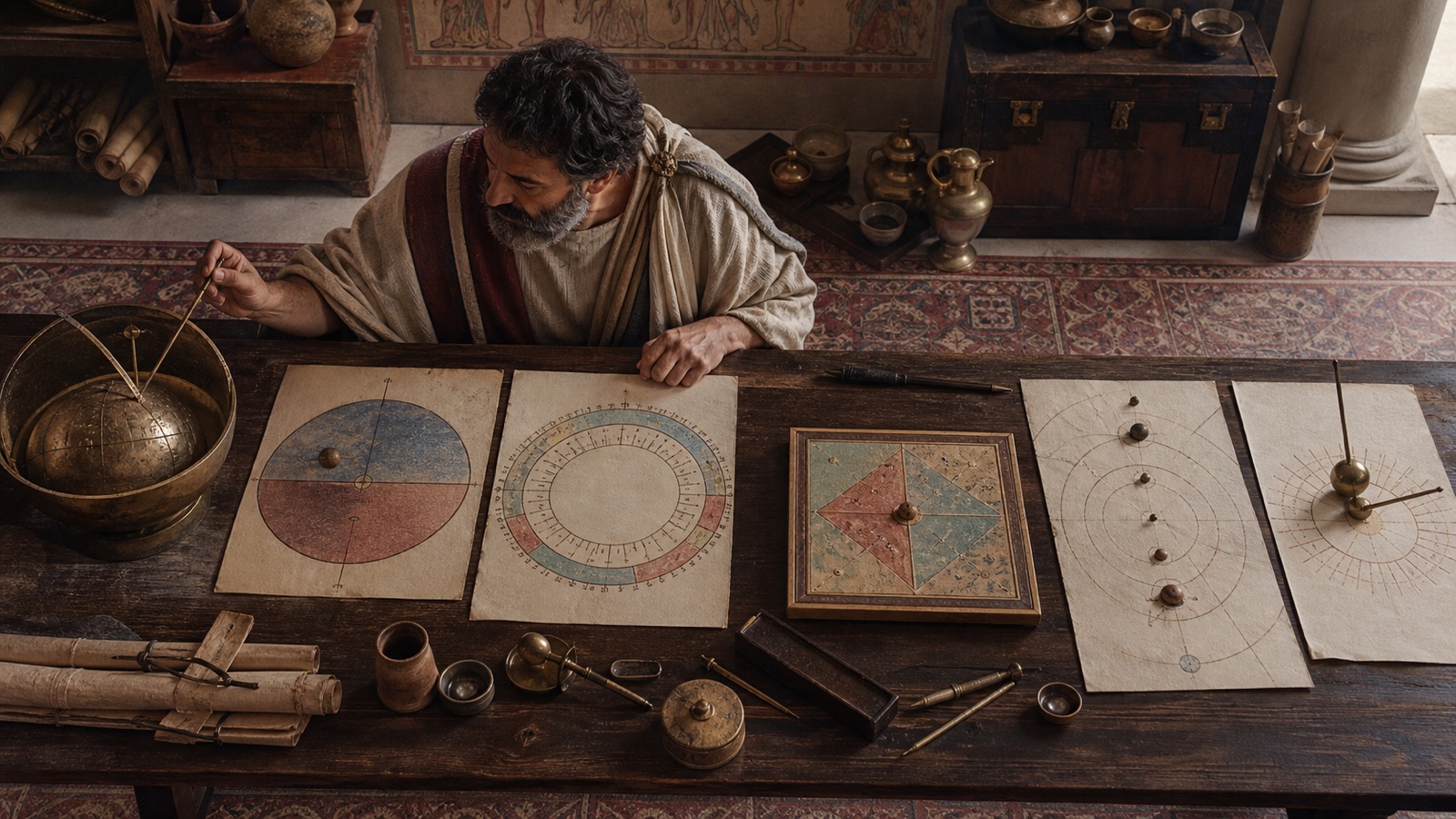 Historical reconstruction of a scholar auditing separate horizon, sign, place, boundary, motion, and solar-proximity evidence stations.