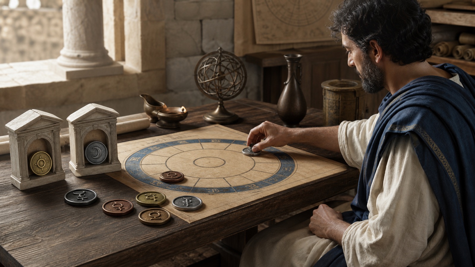 Historical reconstruction of a late-antique scholar comparing seven planetary counters across several separate sign-condition diagrams.