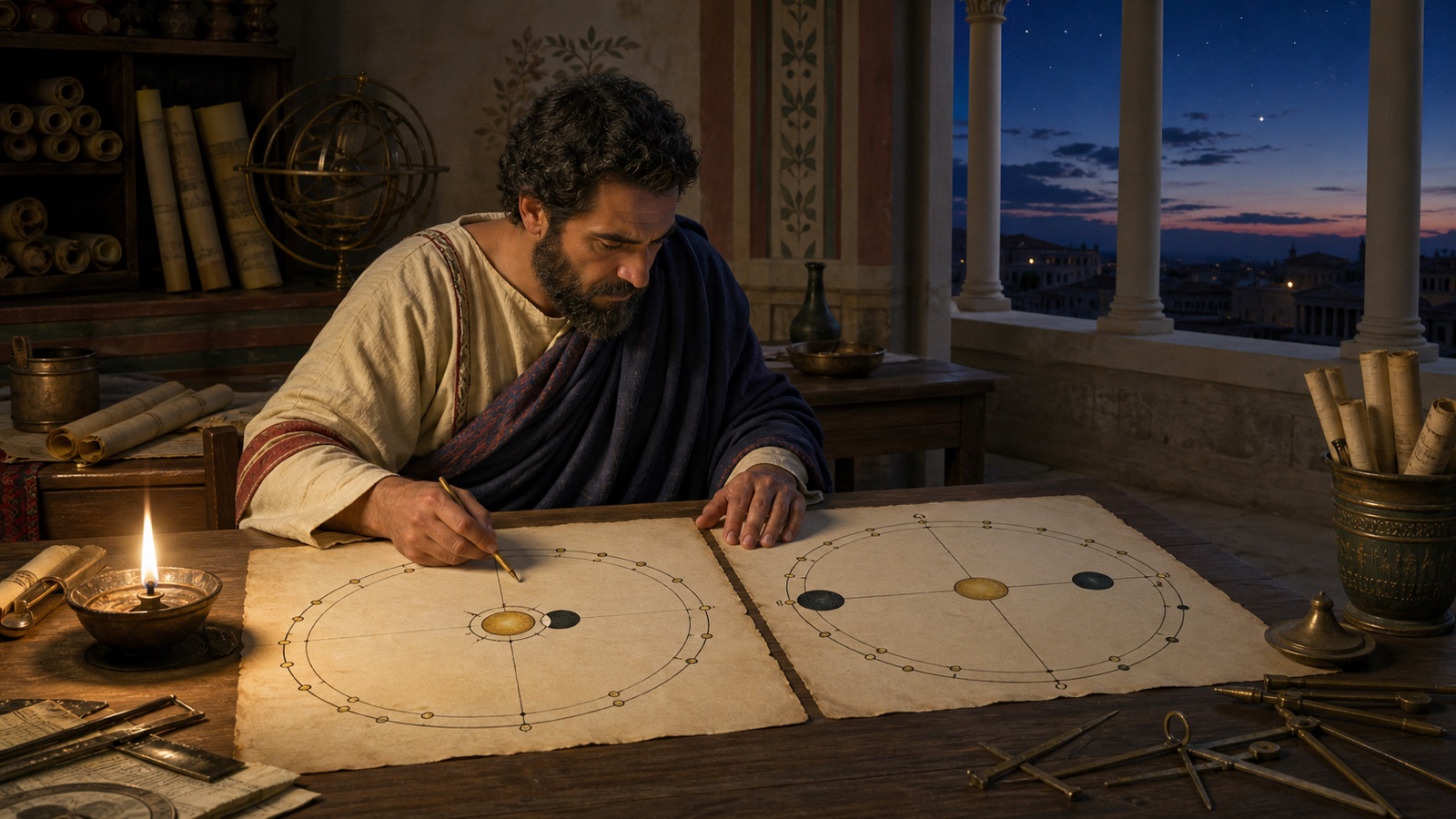Historical editorial reconstruction of a late-antique scholar comparing one Sun-Moon conjunction diagram with a second diagram showing the luminaries in opposition.