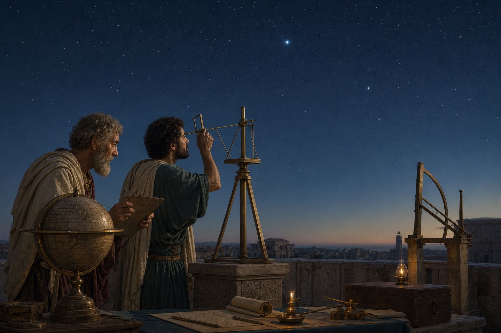 Historical editorial reconstruction of two late-antique scholars measuring bright fixed stars with a celestial globe, sighting instrument, and written observations.