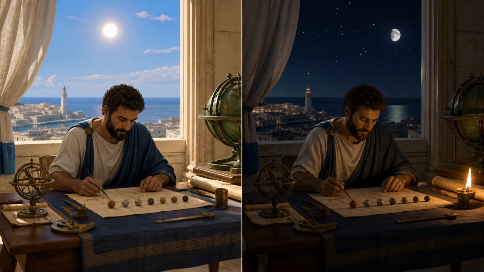 Matched historical scenes of the same scholar observing in daylight and at night.