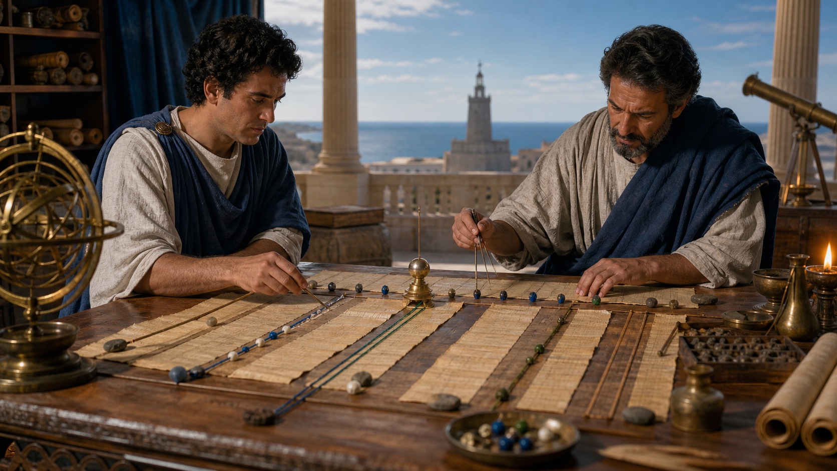 Historical editorial reconstruction of two late-antique scholars measuring separate atmospheric-appearance and planetary-station chronologies around one natal moment.
