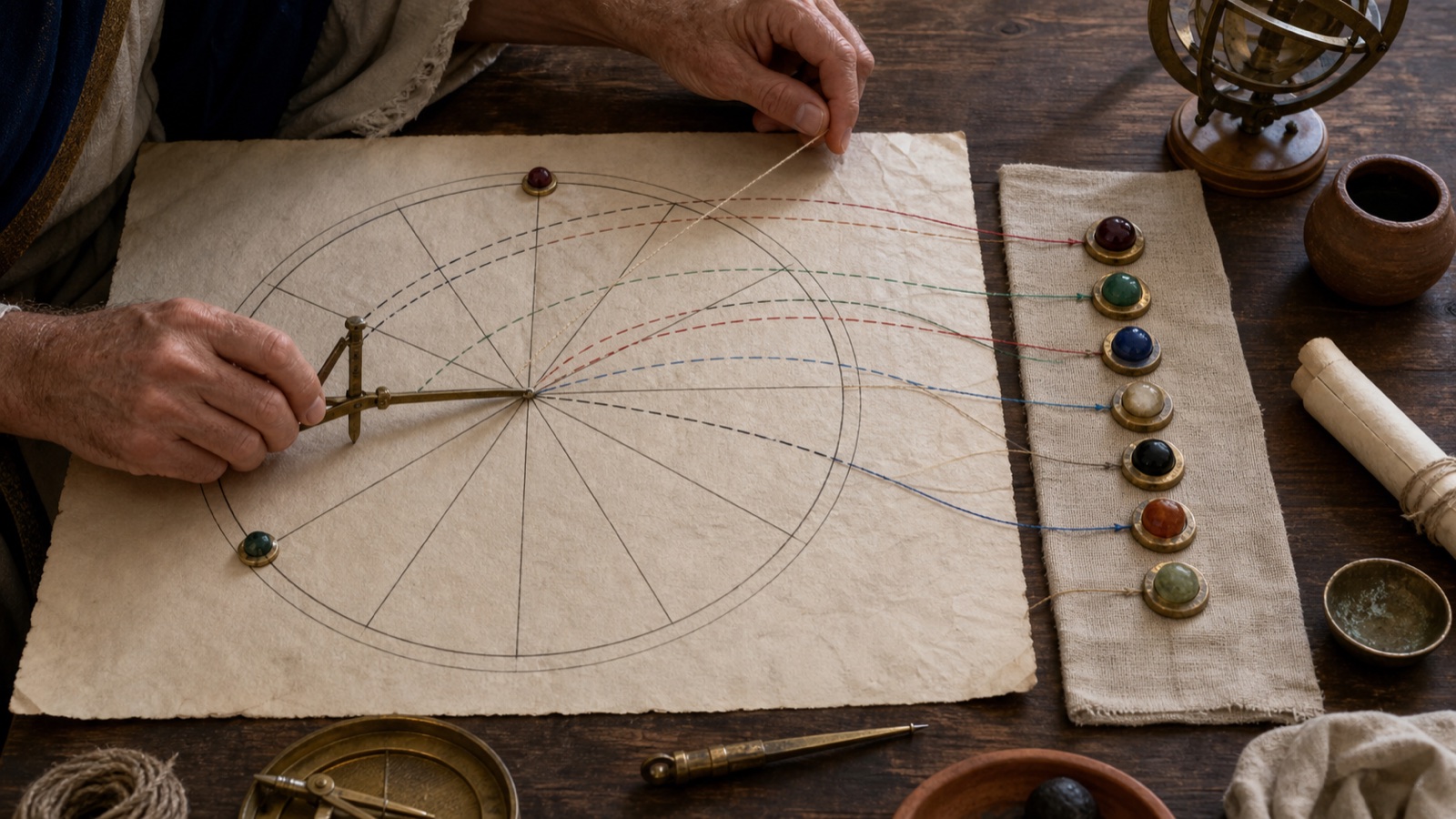 Historical reconstruction of a scholar measuring directed arcs on a twelve-place diagram toward seven distinct destination markers.