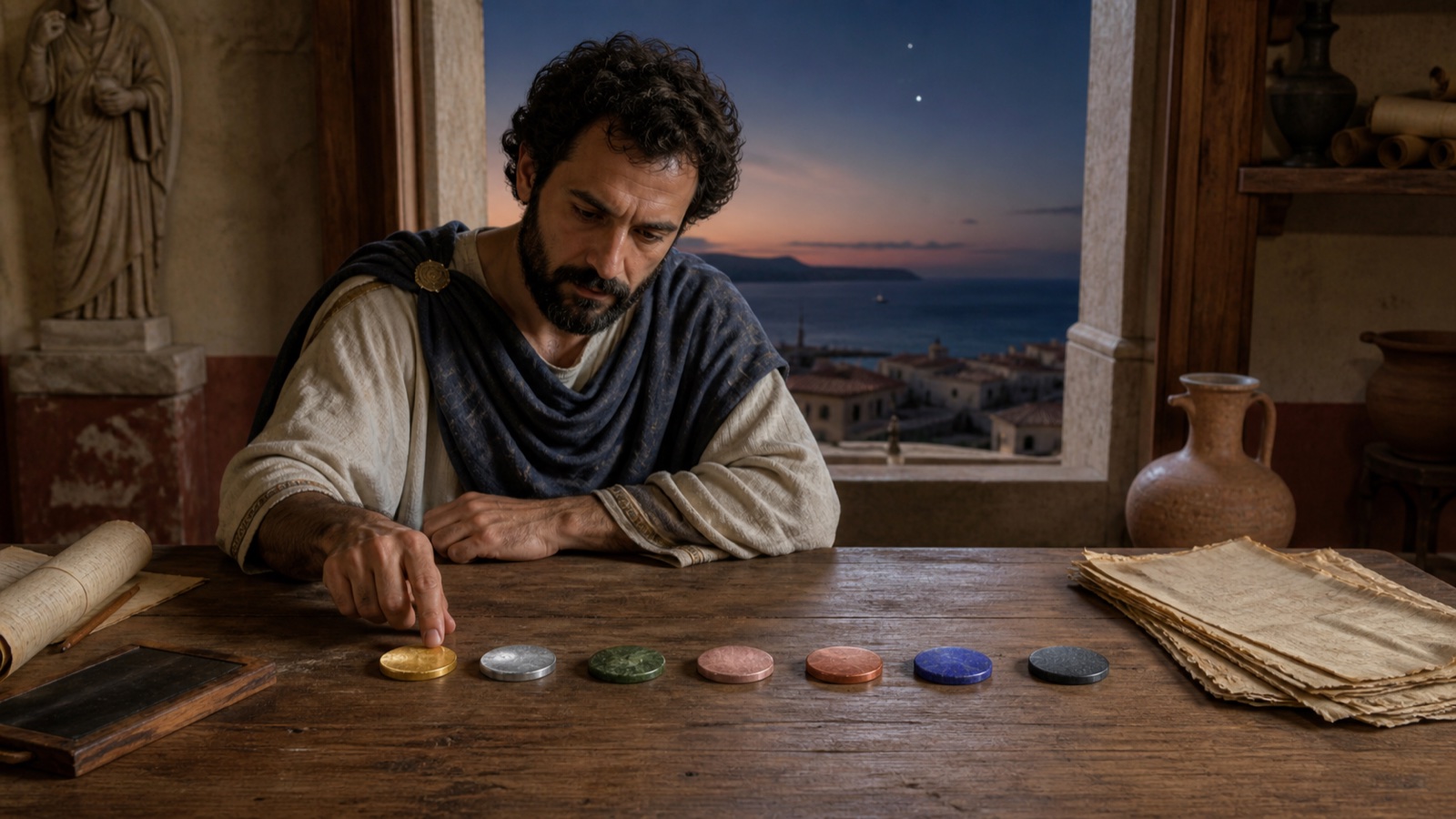Historical reconstruction of a late-antique scholar arranging exactly seven distinct planetary counters on a wooden study table.