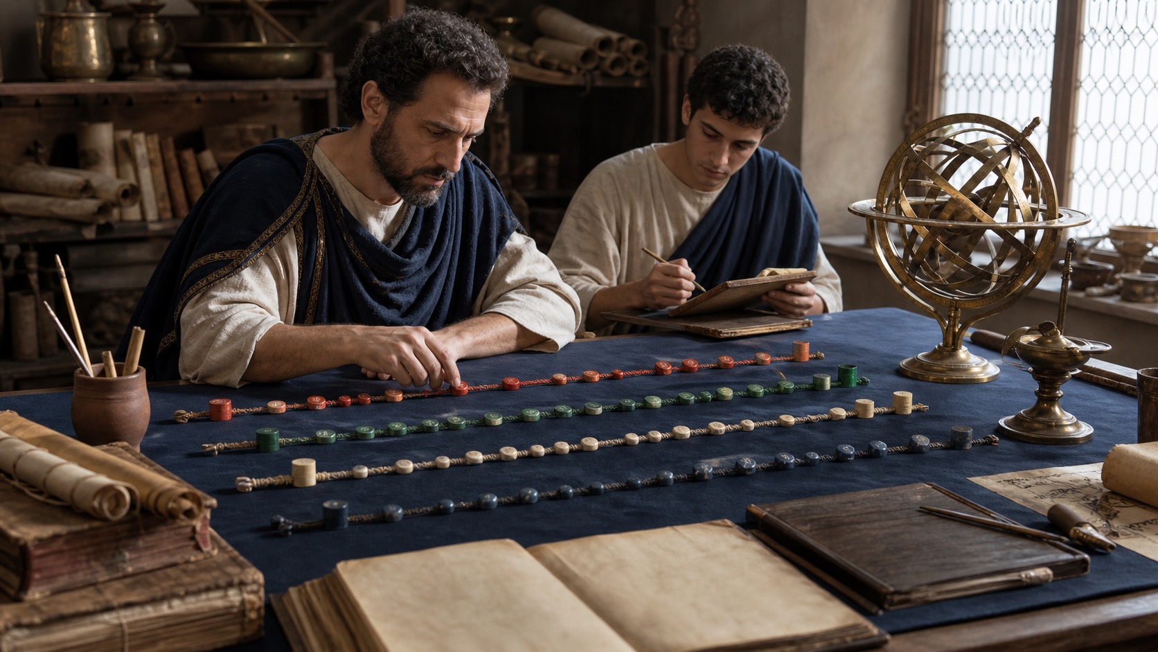 Historical editorial reconstruction of two late-antique scholars comparing four separate rows of measured chronology markers across one study table.