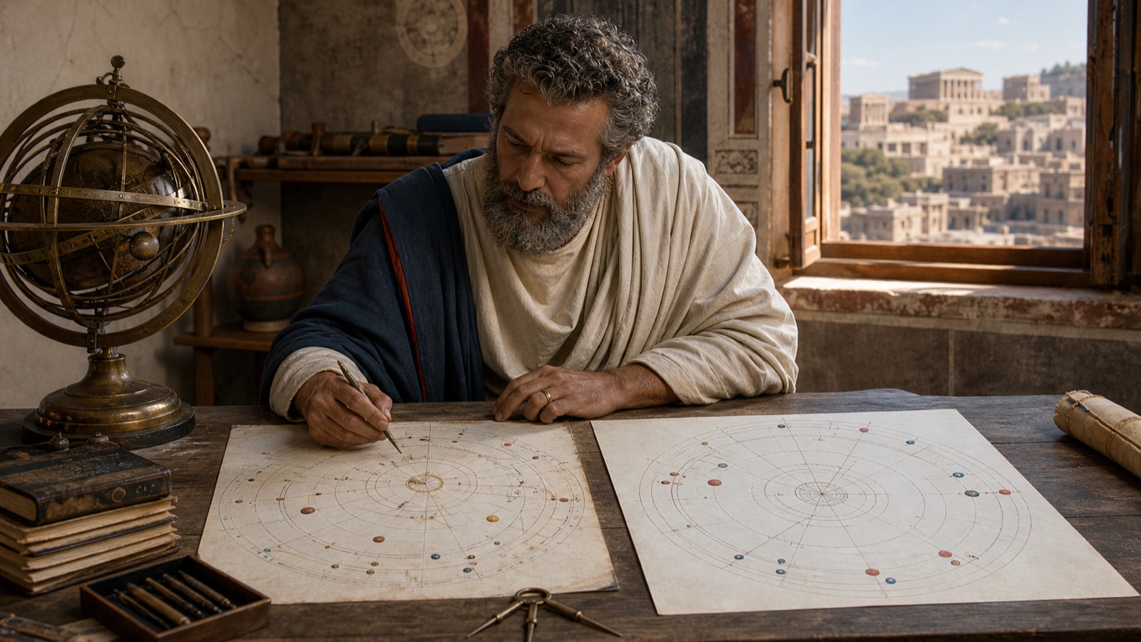 Historical reconstruction of an astrologer comparing two separate annual and natal astronomical diagrams beside an armillary sphere and city view.