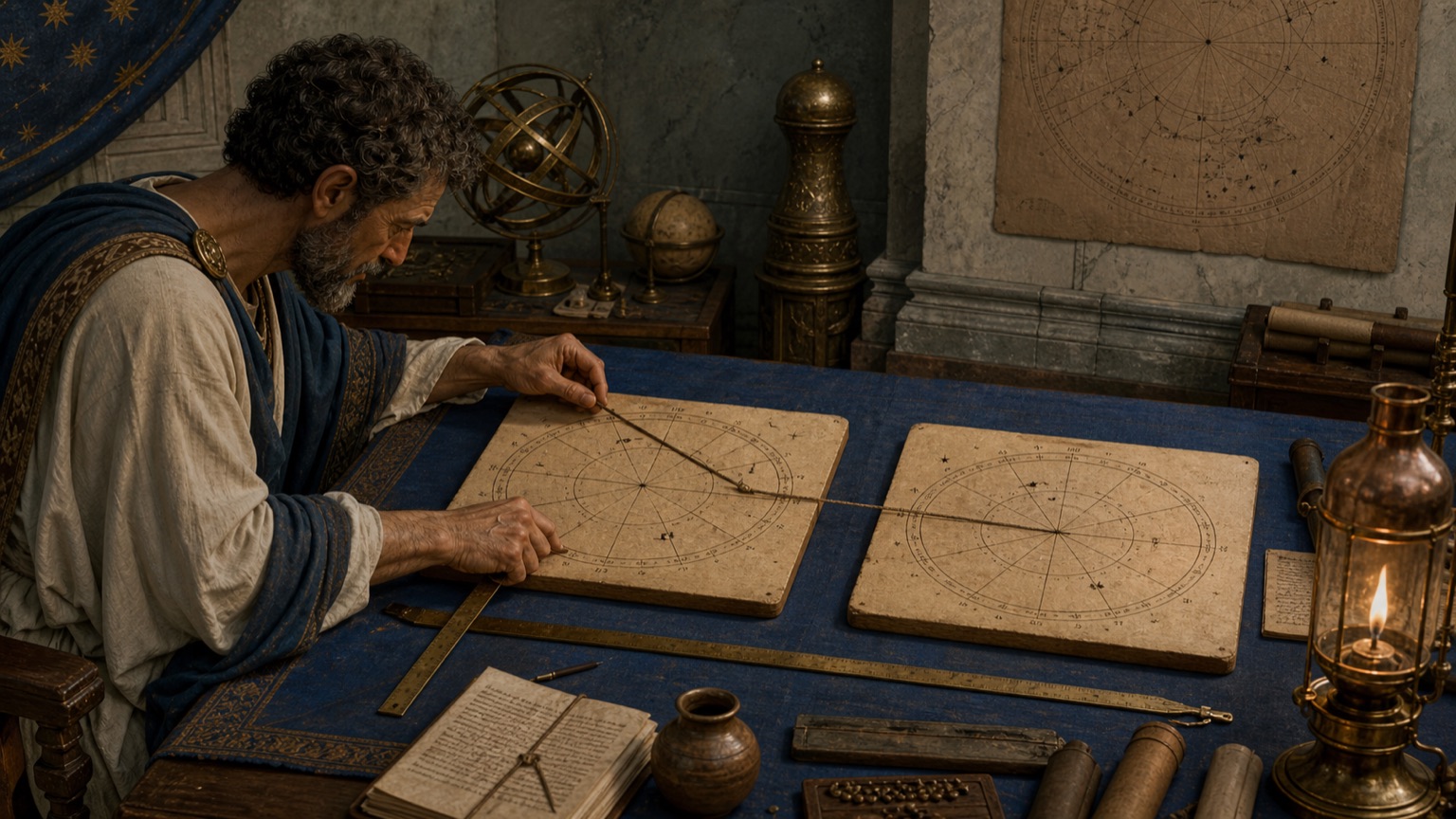 Historical editorial reconstruction of a late-antique scholar using a straightedge and cord to compare two separate twelve-place natal diagrams laid side by side.