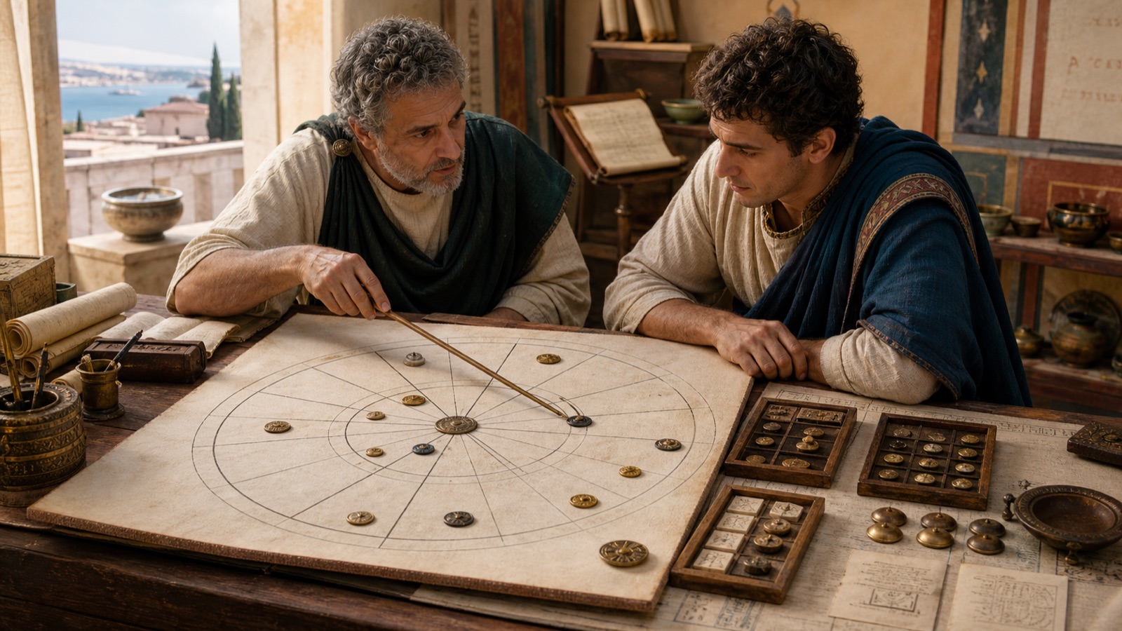 Historical reconstruction of a teacher and adult student tracing one house sector to its planetary ruler while separate evidence trays remain visible.