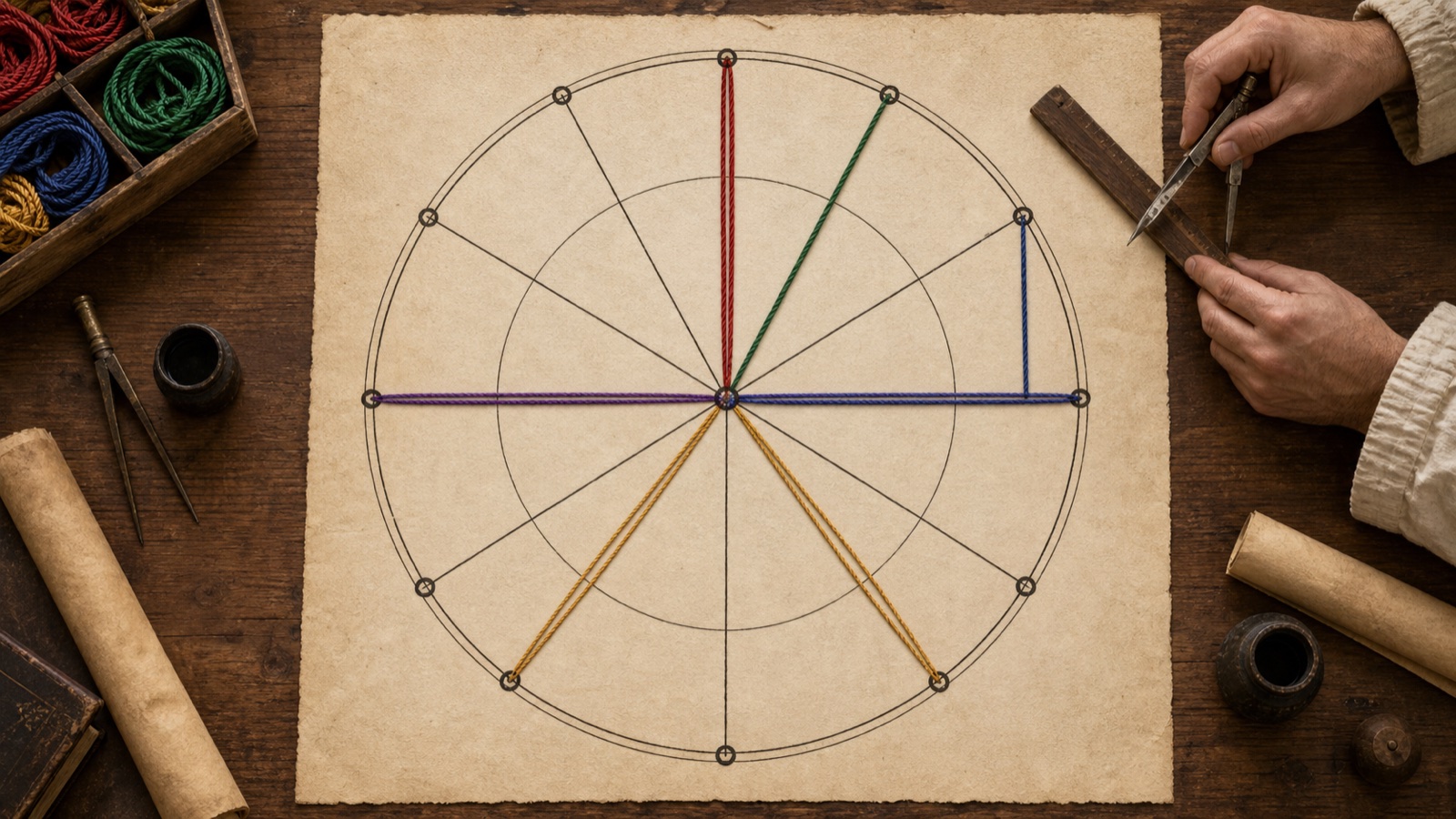Overhead historical reconstruction of a twelve-place circular diagram with several carefully measured geometric relationships.