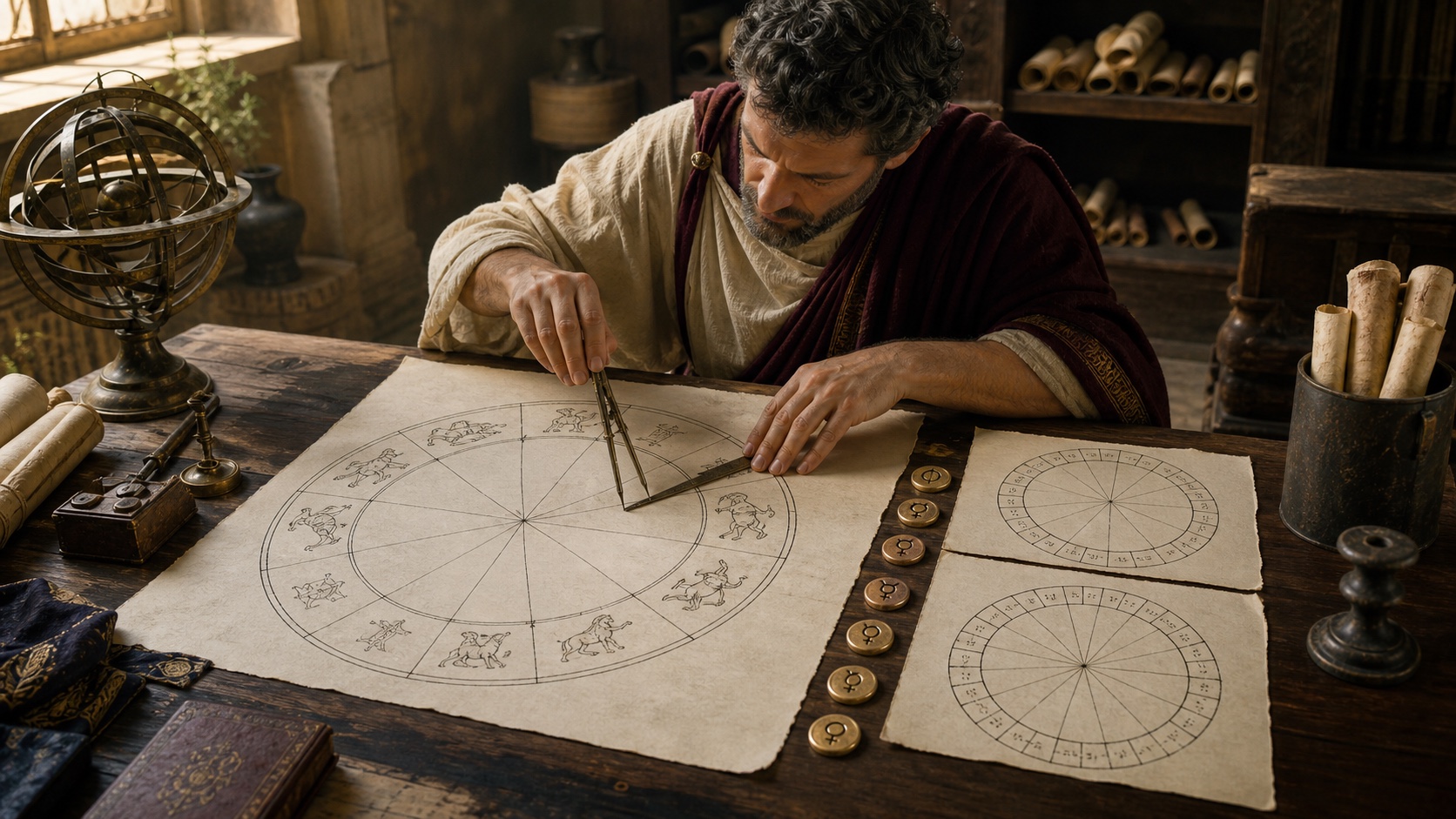 Historical editorial reconstruction of an Alexandrian scholar comparing one large natal zodiac diagram with two separate measured projection diagrams.