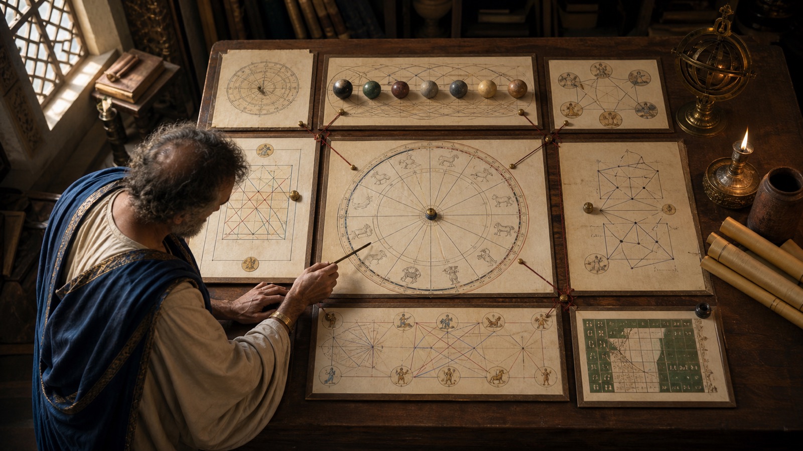 Historical reconstruction of a scholar organizing six separate evidence boards around one central twelve-place natal diagram.