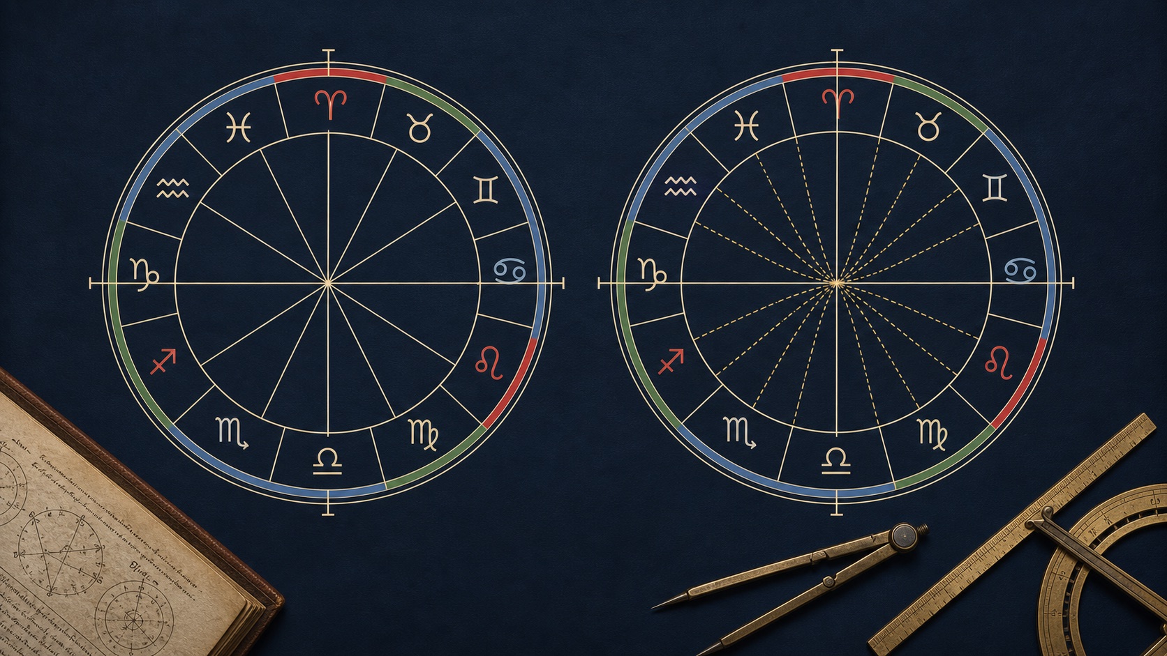 Technical teaching plate comparing an equal sign-based twelve-place wheel with a second wheel carrying separately dashed quadrant cusp divisions.