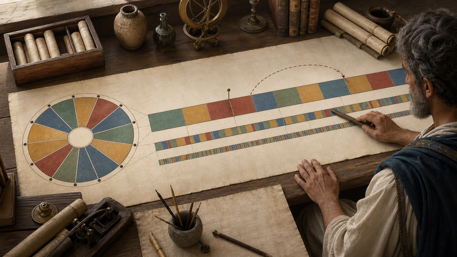 Historical reconstruction of a twelve-place source diagram feeding into three visibly nested levels of chronological periods.