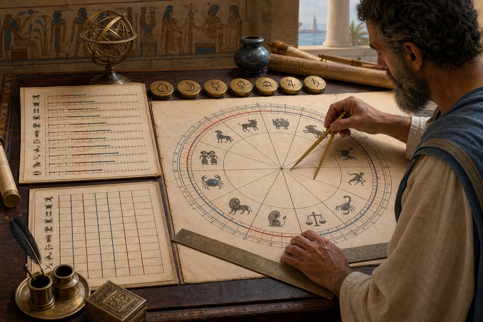 Historical editorial reconstruction of a late-antique scholar measuring a zodiac diagram beside separate unequal bound and equal ten-degree face ledgers.