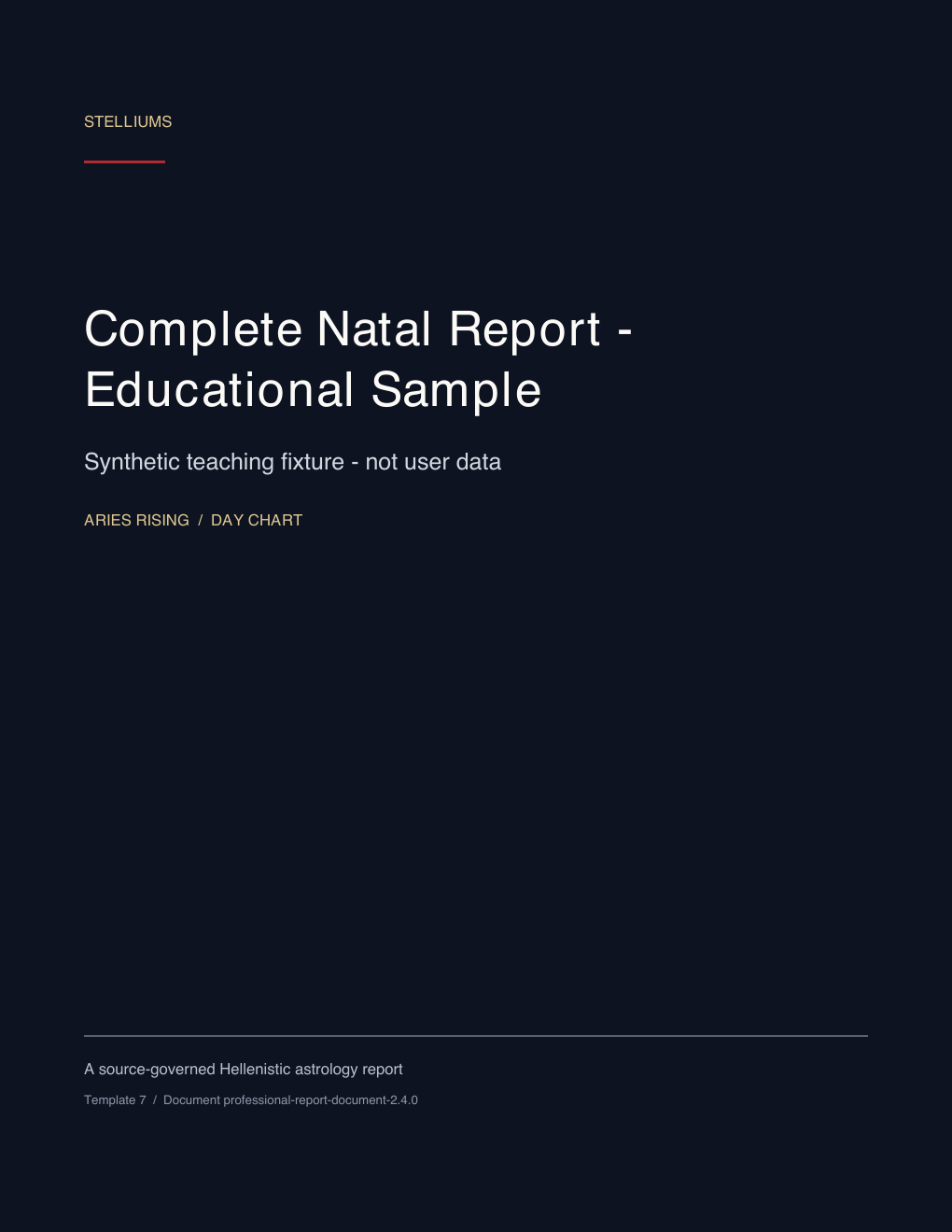 First page of the Complete Natal Report synthetic educational sample; no customer data.