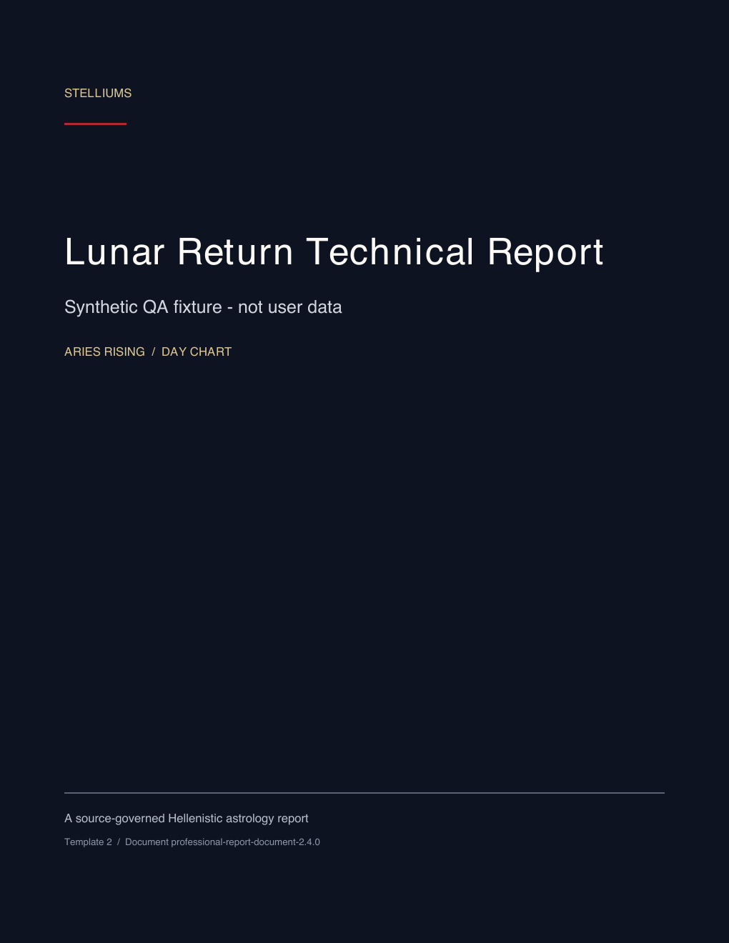 First page of the Lunar Return Technical Report synthetic educational sample; no customer data.