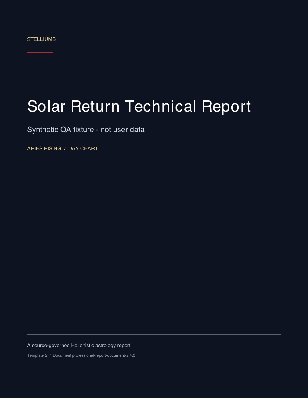 First page of the Solar Return Technical Report synthetic educational sample; no customer data.