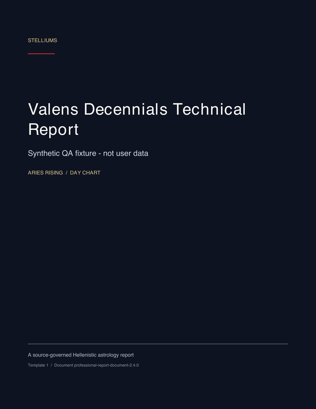 First page of the Valens Decennials Technical Report synthetic educational sample; no customer data.