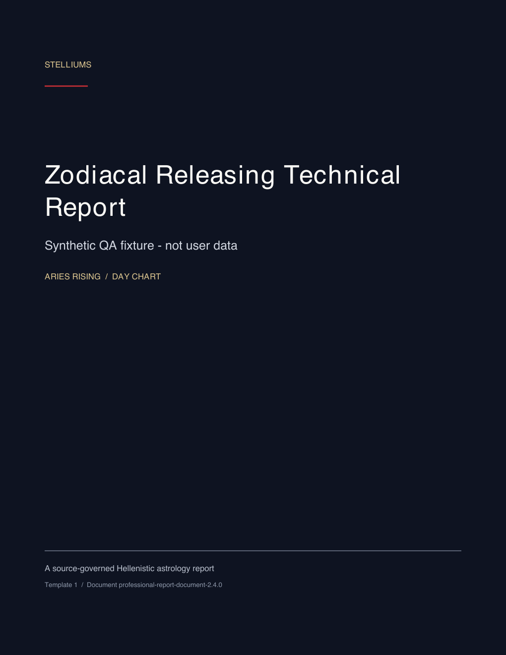First page of the Zodiacal Releasing Technical Report synthetic educational sample; no customer data.