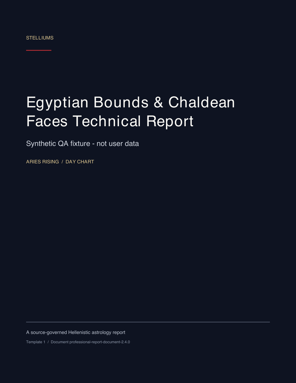First page of the Egyptian Bounds & Chaldean Faces Technical Report synthetic educational sample; no customer data.
